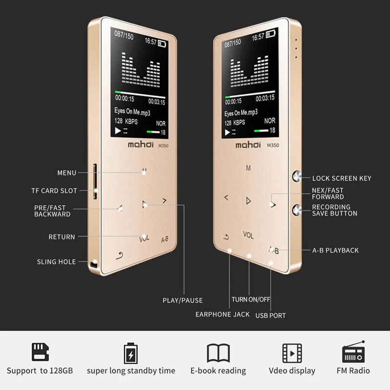 Полностью металлический Bluetooth спортивный MP3-плеер Портативный аудио 8 Гб со встроенным динамиком fm-радио APE Flac музыкальный плеер
