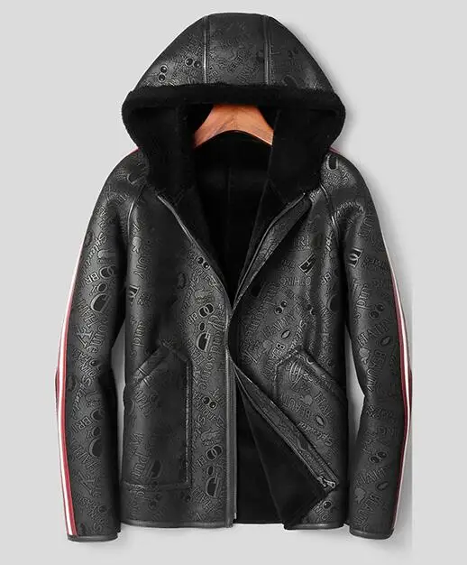 Мех мужской натуральной кожи куртка из овечьей шерсти пальто мужские короткие мотоциклетные кожаные куртки с капюшоном мужские зимние кожаные пальто - Цвет: Черный