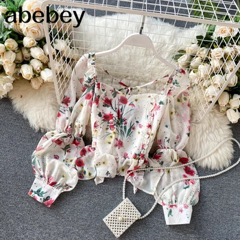 

Romantic Pink Flower Print Blouse Shirt Women Elegant Gothic Backless Top Transparent Ladies Chiffon Ruffle Crop Top