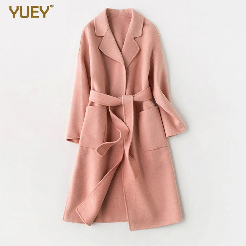 

Brand New Womens Woolen Coat Candy Color V Neck Solid Color Office Lady Elegant Slim Cashmere Warm Long Wool Jacket With Belt