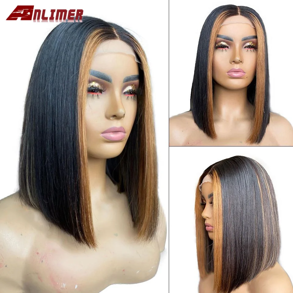 Dianteira do Laço Perucas de Cabelo Loira Destaque Cor Reta Bob Peruca Corte Blunt t Parte Humano Brasileiro Remy Cabelo 13x6 150% Mel 4 Cheap Apliques com cabelo humano
