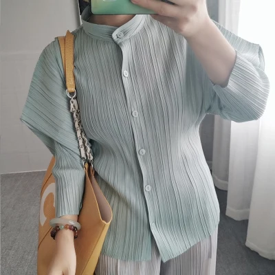 Mint Green MIYAKE плиссированный топ, базовые плиссированные топы со стоячим воротником, однобортный однотонный профиль, рукав-пузырь, женская рубашка - Цвет: Mint Green