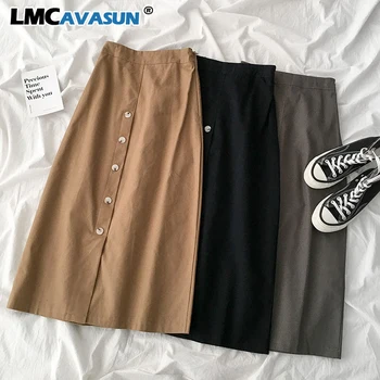

LMCAVASUN Safari Style Maxi Skirt Women Casual High Waist Loose A-line Long Skirt Female Khaki Black Gray Bottoms