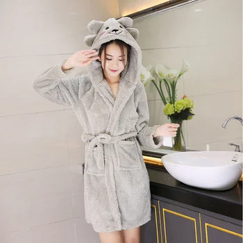 

Autumn Coral Velvet Warm Hooded Women Bathrobe Cartoon Sashes Cloak Thick Medium-Long Soft Night Dress Female 2020 Nightgown