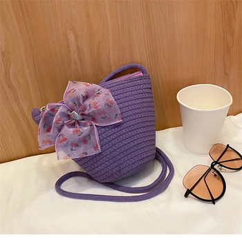 

2020 Fashion Trend Women Straw Bucket Zipper Bag Cute Handwoven Summer Shoulder Beach Holiday Crossbody Handbags with Big Bow