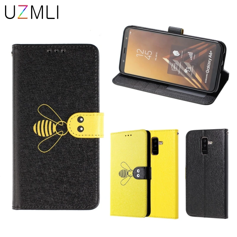 Cute Bee Leather Flip Phone Case For Samsung Galaxy A6 A6Plus 2018 Wallet Style with Photo &amp Card Holder Stand Back Cover Coque |