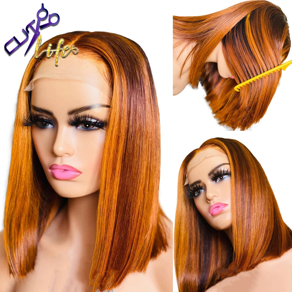Highlight 13X4 Lace Front Wig Human Hair Short Brazilian Wig Straight Bob Pre Plucked Lace Closure Ombre For Black Women