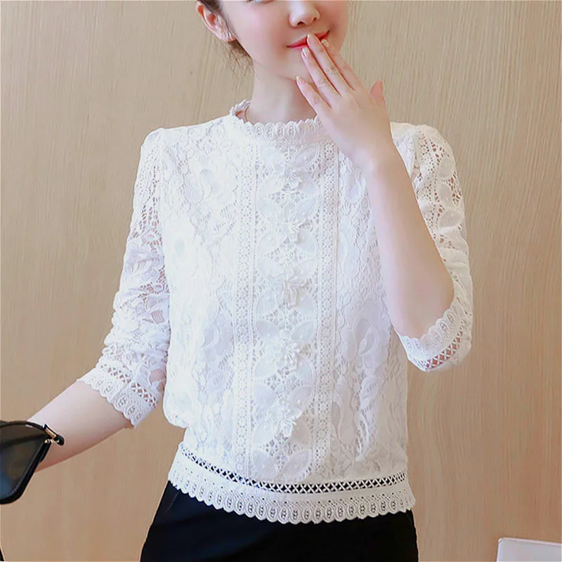 

Blusas mujer de moda 2019 lace blouse shirts ladies tops for women long sleeve solid plus size tops Stand harajuku white 0160