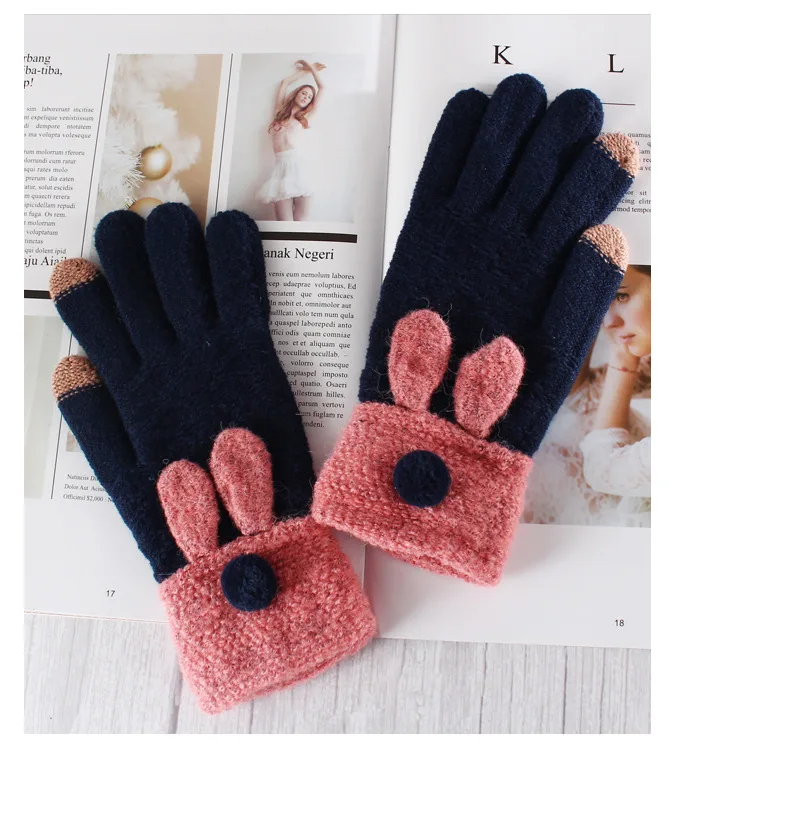Женские зимние перчатки с сенсорным экраном теплые эластичные вязаные рукавицы с кроличьими ушками Guantes женские вязаные перчатки