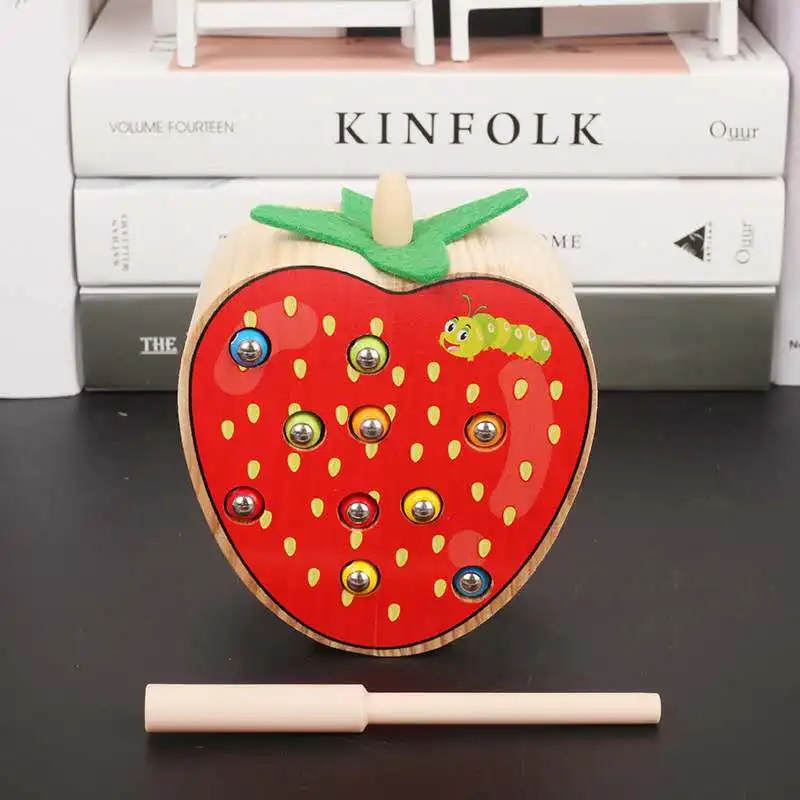 Hot Sale Baby Wooden Toys 3D Puzzle Early Childhood Educational Toys Catch Worm Game Color Cognitive Magnetic Strawberry Apple 7