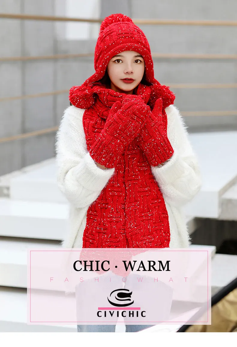 CIVICHIC модные осень-зима на открытом воздухе комплект из 3 предметов, теплая шапка шарф перчатки Комплект Для женщин Флисовая Повязка «кроше» с отложным воротником бархатные рукавички SH131