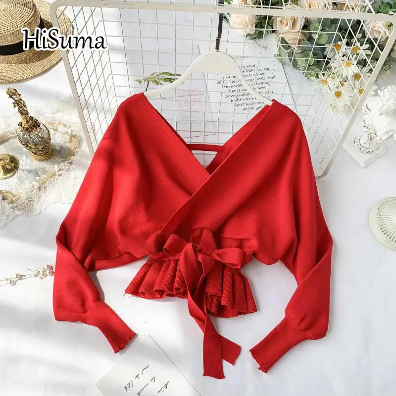 2020 autumn winter new Chic female deep V-neck bat sleeve knitted bottom blouses women's solid color waist ruffles sweater | Женская