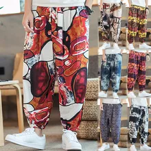 Для мужчин зимний свитер с узором штаны с цветочным принтом хиппи Мешковатые Бохо с эластичной поперечной-штаны свободные брюки Широкие брюки из хлопка и льняные шаровары брюки для девочек