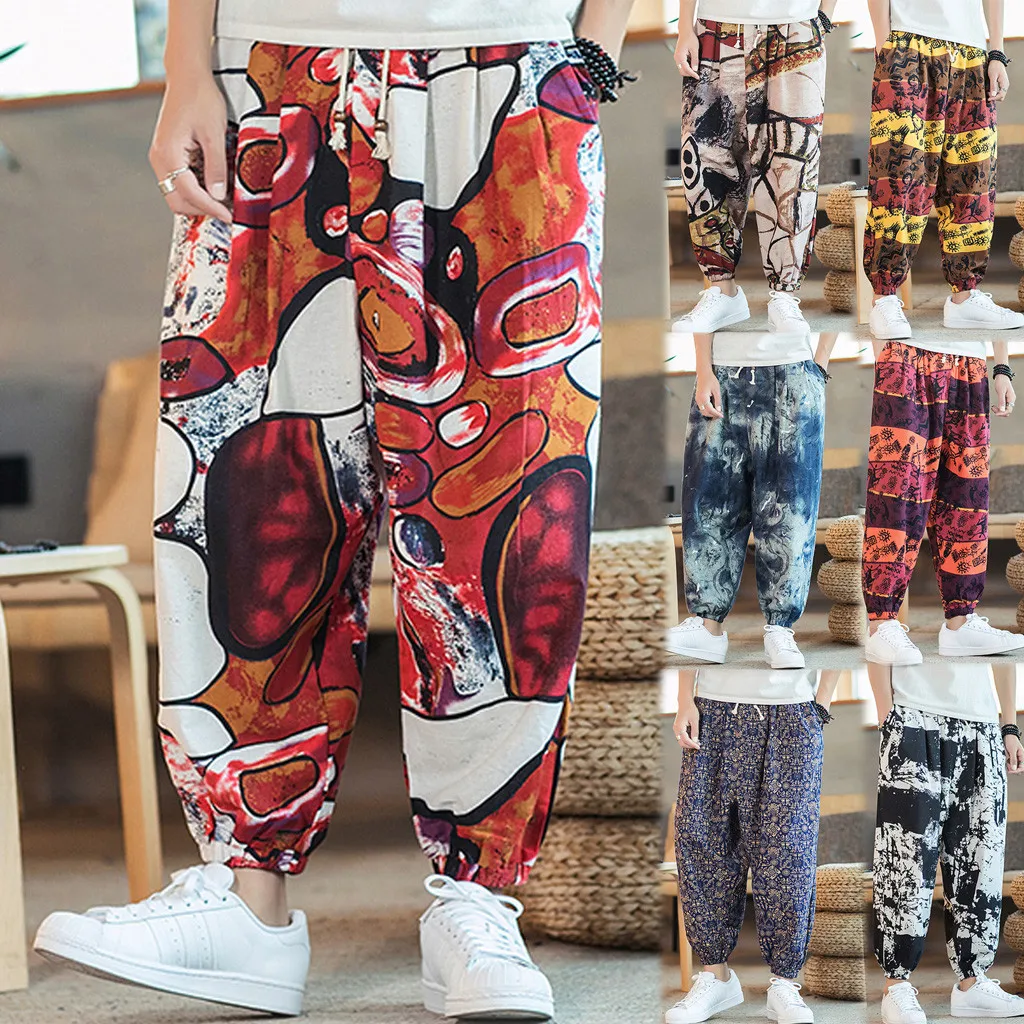

Men Patchwork Lantern Pant Flower Printed Hippy Baggy Boho Elastic Cross-Pants Loose Trousers Wide Leg Cotton Linen Harem Pants