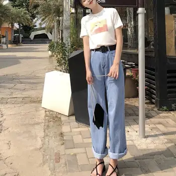 

Retro Women Solid Color Loose High Waist Jeans Wide Leg Denim Pants Trousers Casual Wide Leg Pants Oversize High Waist Jean