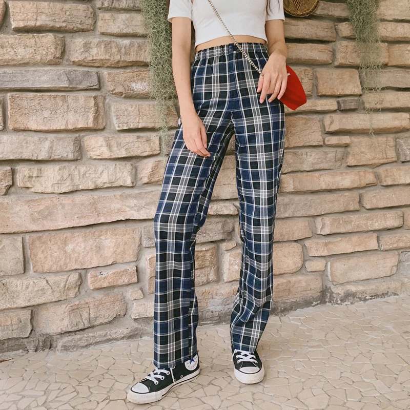 womens high waisted checked trousers