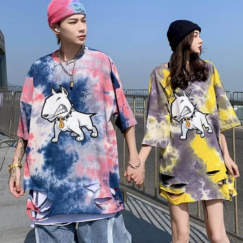 

Short-sleeved t-shirt men women new summer ins irregular hole tie-dye students Korean style of loose couple half-sleeved tops