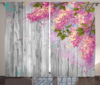 

Flower Curtains Floral Watercolor Style Effect Branches of Lilac Bloom on Wooden Background Print Living Room Bedroom Window