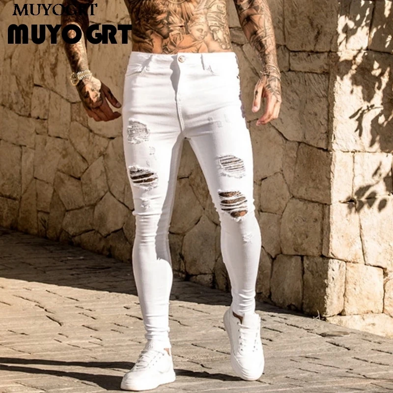 

MUYOGRT Jeans Man High Street Casual Feet Pants Fashion Men's Jeans Slim Tight Hole Denim Street Hip Hop Pants 2020 Fashion