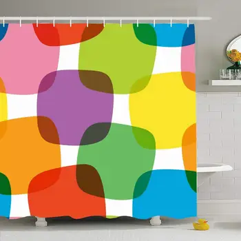 

Shower Curtain Set with Hooks 72x78 Abstract Box Grid Texture Cross Modern Blue Retro Colorful Pattern Textures Red Repetition