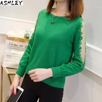 

Loose Spring A Sweaters Lace Beads Female Short Lace Beading Sweater Hedging All-match Shirt Solid