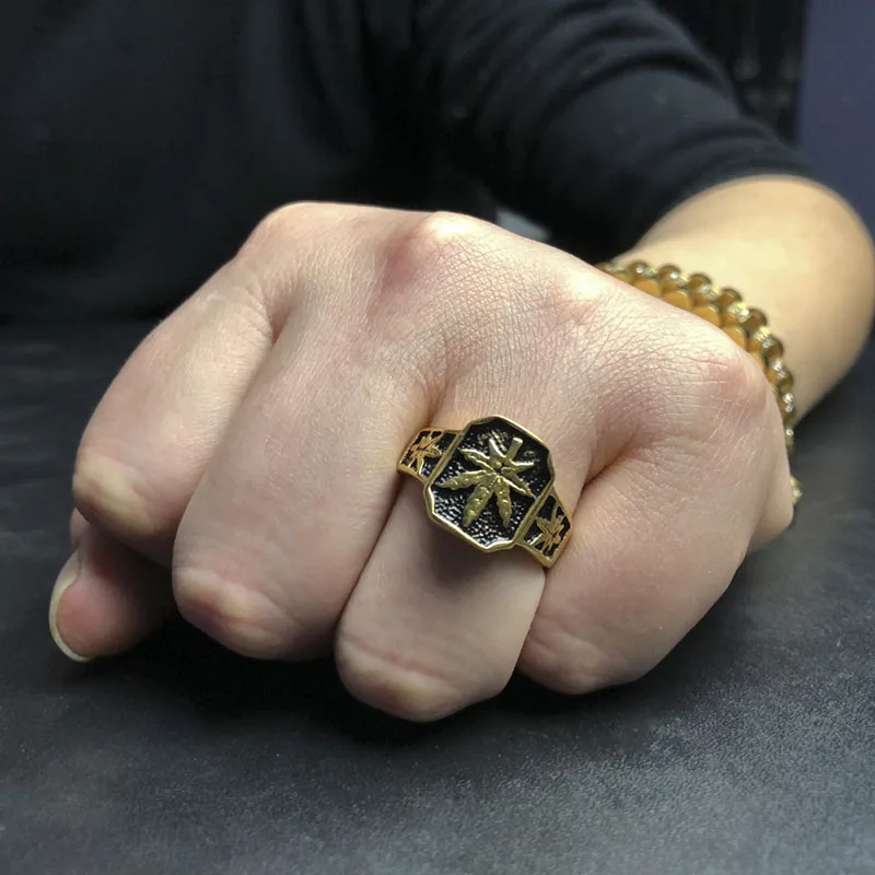 

Funmode Hip Hop Vintage Maple Leaf Party Rings for Men Gold Color Finger Ring Stainless Steel Wholesale FR102