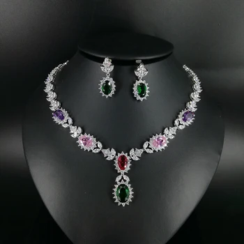 

2019NEW fashion colorful oval CZ zircon necklace earring set wedding bride banquet dressing jewelry set free shipping