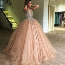 Шикарное бальное платье, Золотое бальное платье, стразы, пышное Тюлевое платье для выпускного вечера, элегантное милое платье принцессы с v-образным вырезом для 15 лет