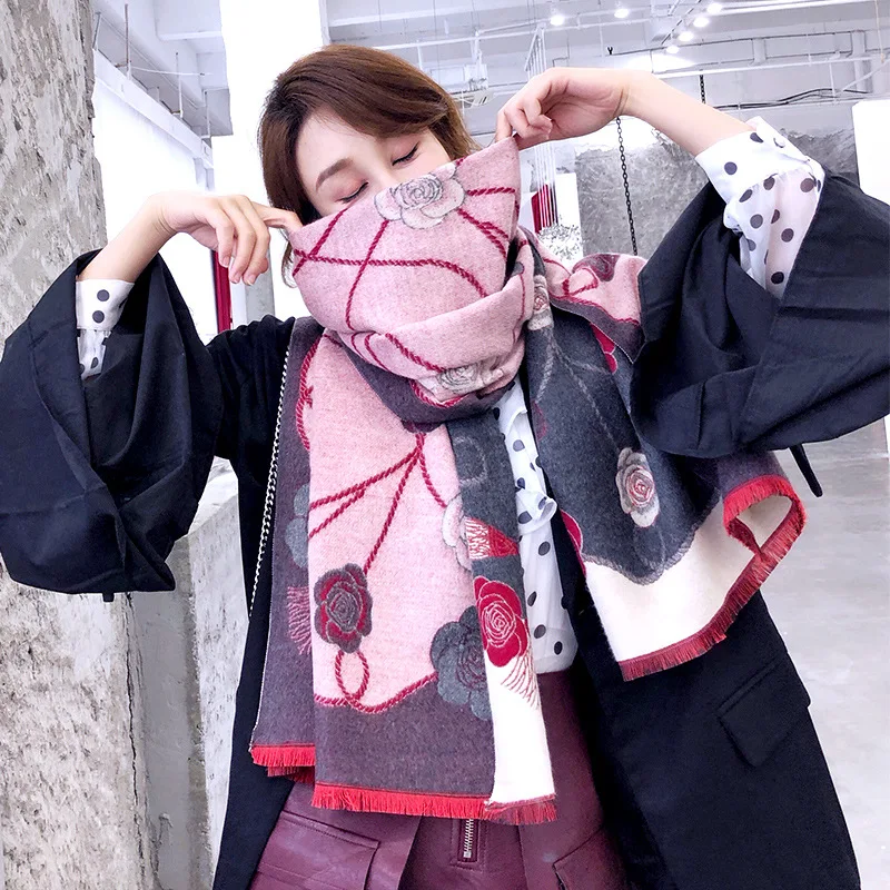 Зимний кашемировый шарф с цветочным принтом женские зимние теплые шали и обертывания брендовый дизайнерский длинный палантин утолщенные Пончо Накидки