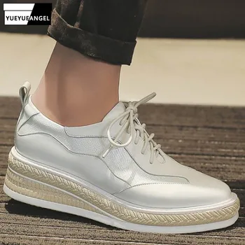 

2019 Brand Luxury Leisure Shoes Woman White Black Casual Square Toe Ladies Shoes Large Size Lace Up Faux Leather Wedges Pumps