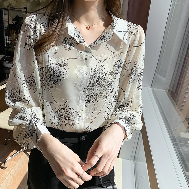 Women's Loose Chiffon Blouse, Flower Pattern, Lantern Sleeve, Large Print, French Fashion, Spring and Summer, New, 2023 for samsung galaxy s22 5g yb imd 9 series tpu phone case electroplating imd iml flower pattern mobile phone shell and lanyard hc001 green gardenia