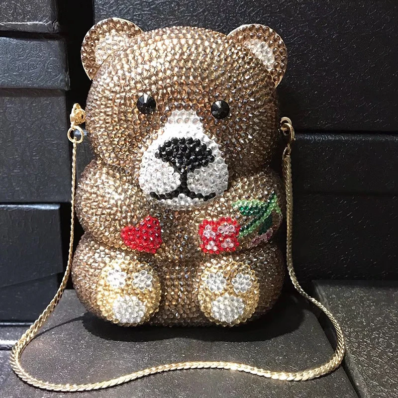

Клатч женский коричневый/белый в форме медведя, модная маленькая сумочка на плечо с цепочкой и стразами, кошелек для женщин