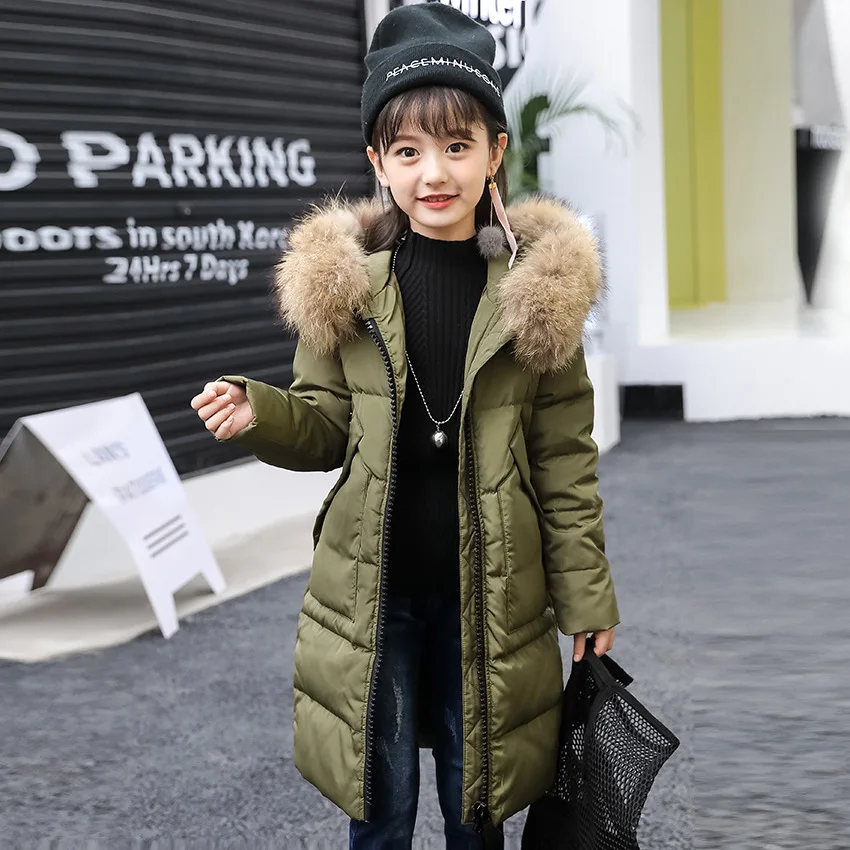 Стиль, Детский пуховик, утепленная детская одежда средней длины с капюшоном в Корейском стиле для девочек, зимняя утепленная одежда - Цвет: Army Green 140 Cm