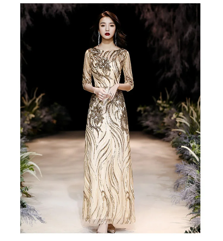 gold evening gowns wei yin AE0350 Half Sleeve Mermaid Lace Gold Champagne 2020 Evening Dress Sexy O Neck Evening Gowns Robe de Soiree Longue formal gowns for women