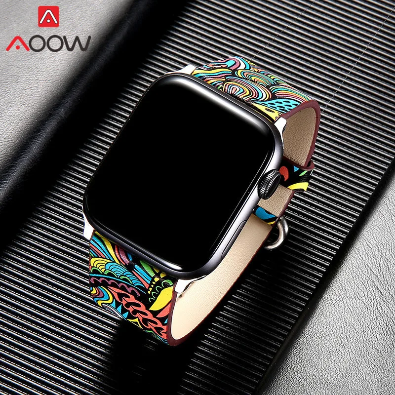 Кожаный ремешок для часов Apple Watch 38 мм 42 мм 40 мм 44 мм цветочный ремешок с цветочным принтом Национальный Стиль Браслет ремешок для iwatch 1 2 3 4