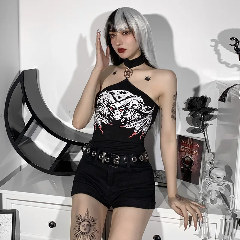 Sexy Mesh Patchwork Transparant Back Body Crop Top Women Sleeveless Clubwear Gothic Style Skull Graphic Embroidery Black Camis cami top