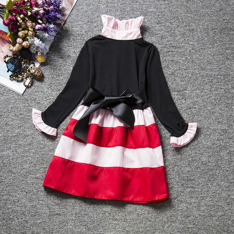 

Korean Style Children's Clothes Spring and Autumn Fashion Striped Princess Dress Long Sleeve High Collar Dress 2 Colors
