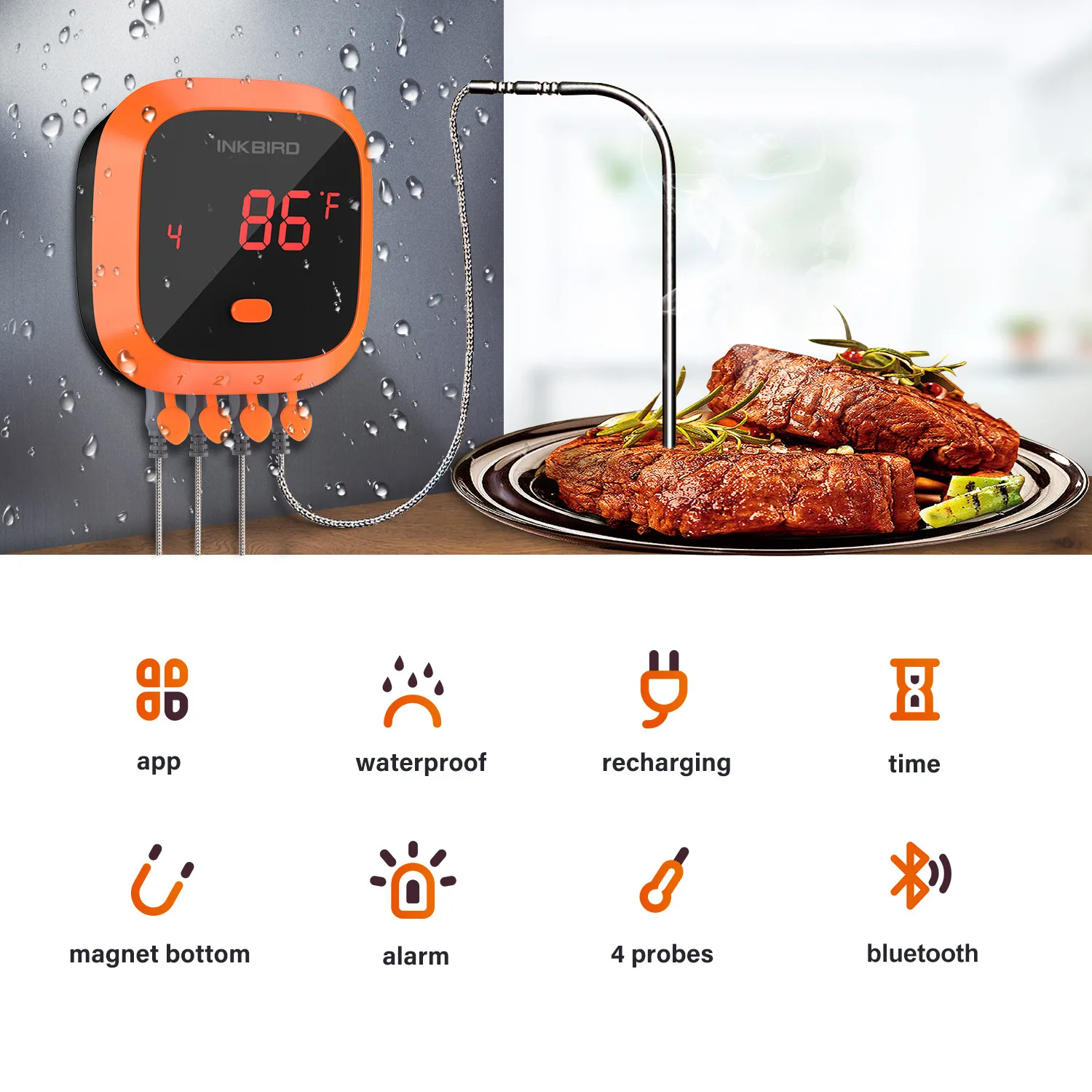 INKBIRD IHT-2PB Digital Bluetooth Meat Thermometer With 1 External Probe  Instant Readout IPX5 Waterproof Rechargeable Free APP