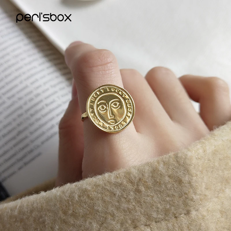 

Peri'sBox Adjustable 925 Sterling Silver Face Coin Ring for Women Nordic Style Carved Letters Rings Minimalist Ring Instajewelry
