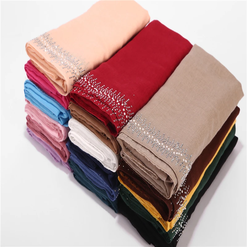 

2020 New Soft Cotton Scarf With diamond Women's Plain Pearls Hijab Scarf Female hijab scarf shawl wrap Muslim Hijabs