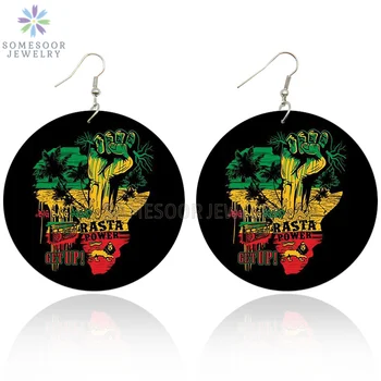 

SOMESOOR Printed Rasta Power Fist African Wooden Drop Earrings Black Get Up Afro Wood Hiphop Jewelry For Women Christmas Gifts