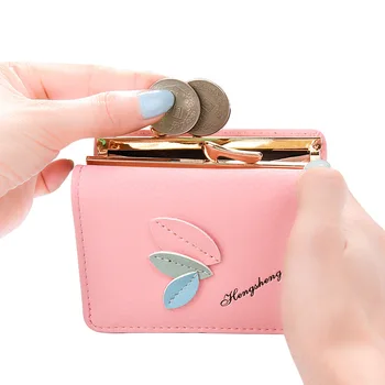 

Wallet for Women Tri-fold Short Leather Wallet Female Multi-function Leaf Fashion Candy Color Button Card Package