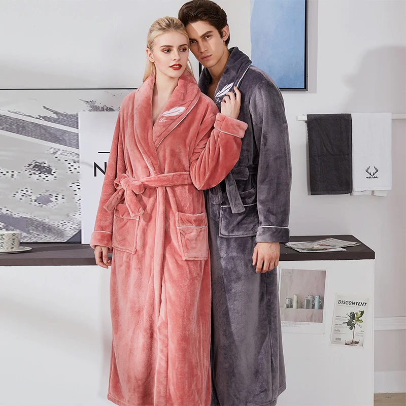 2019 Tmall Luxury Men Women Winter Bathrobe Simple Leaf Embroidery Flannel Bath Robe Male Long Warm Dressing Gown High Quality 2019 Tmall Luxury Men Women Winter Bathrobe Simple Leaf Embroidery Flannel Bath Robe Male Long Warm Dressing Gown High Quality