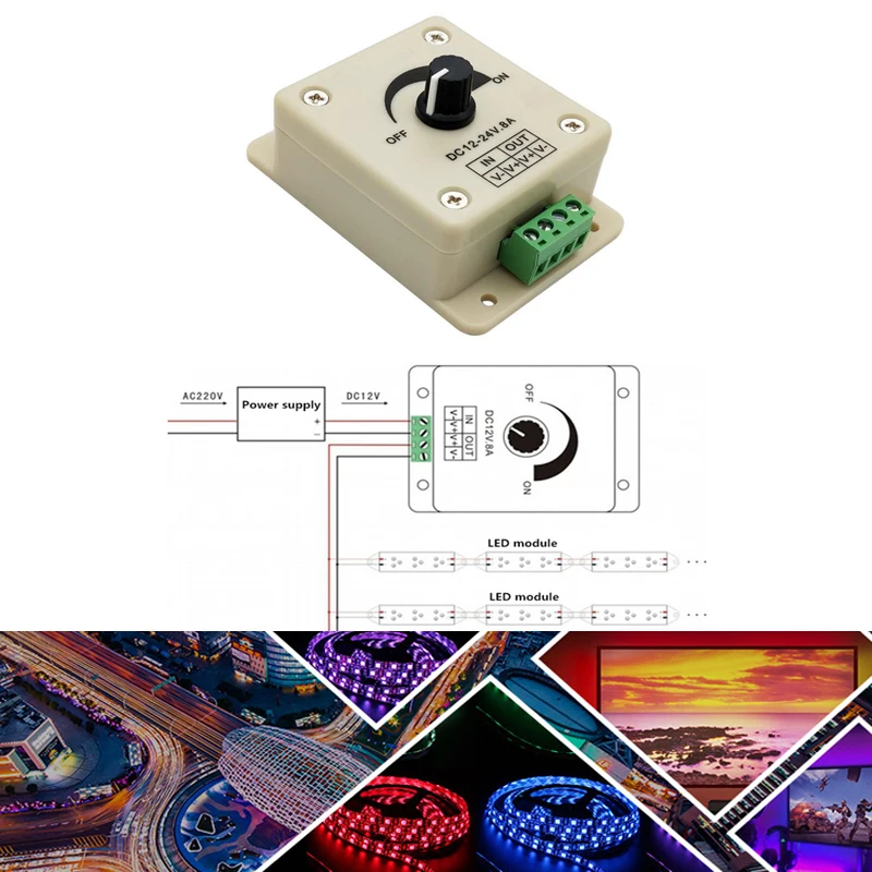 

DC Adjustable 12V - 24V 8A LED Dimmer Switch Adjust Brightness LED Strip Lamp Driver Controller Switching Power Supply 12 24V 8A
