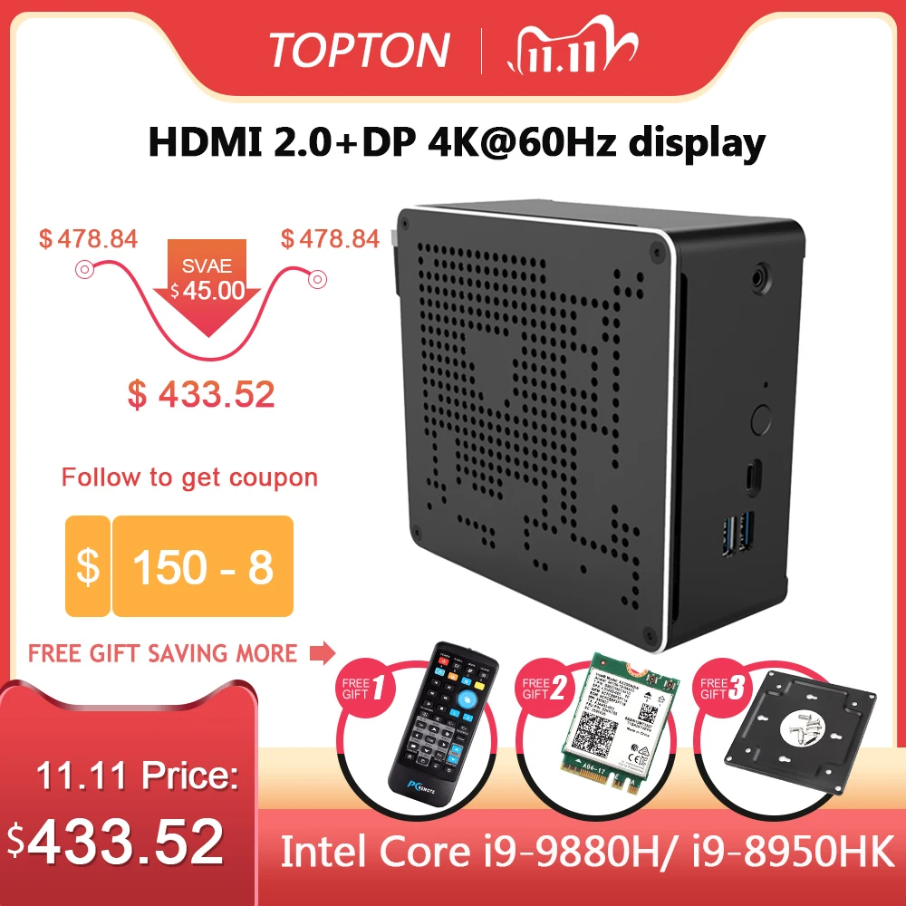 Topton 10th Gen Nuc i9 10980HK 10880H 6 Core i5 мини ПК 2 Lan на базе Windows 10 * DDR4 M.2 NVME AC игровой настольный