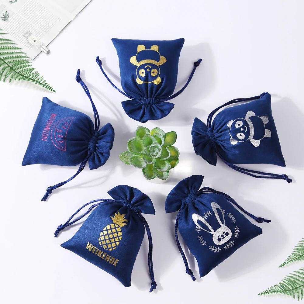 

Custom Navy Blue Flannel Drawstring Jewelry Bag Ring Earring Bracelet Storage Pouch Wedding Favors Personalized Box Storage