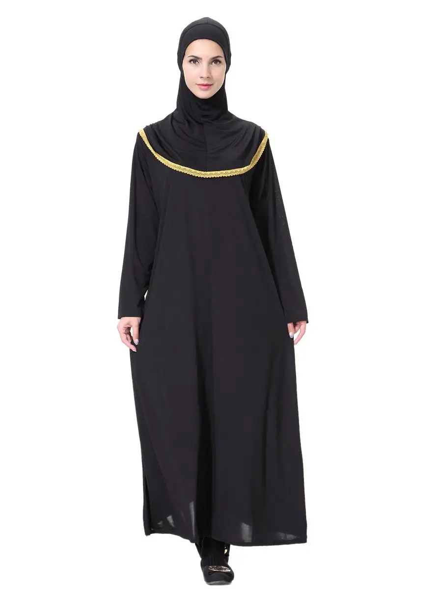 Арабское дубайское мусульманское женское платье с длинным рукавом+ шляпа исламский джильбаб абайя одежда с длинным рукавом Верхняя молитва кафтан одежда - Цвет: Золотой