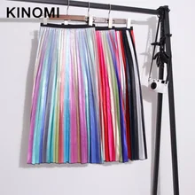 KINOMI новые весенние летние радужные полосатые эластичные плиссированные юбки с высокой талией женские трапециевидные длинные юбки с эластичной талией для женщин