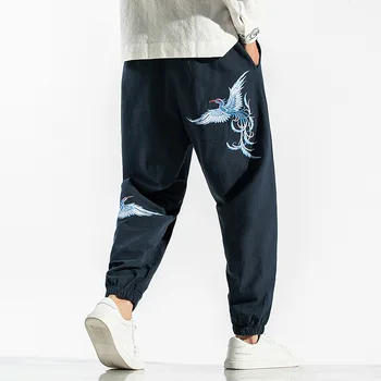 

Embroidery Japanese Wide Leg Trousers Man Casual Retro Crane Fashion Streetwear Plus Size Loose M-5XL Joggers Hip Hop Pants