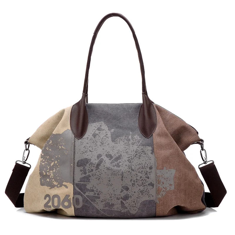 Ретро граффити женская сумка холщовые сумки через плечо для женщин колледжа Ветер панелями дамская сумка большая емкость дорожная сумка на плечо - Цвет: Brown